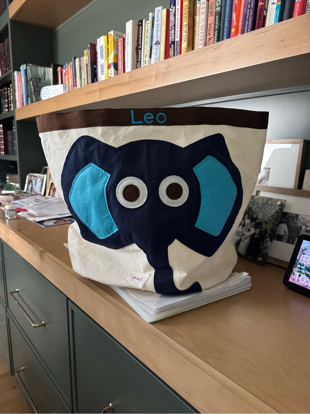 Canvas Elephant Storage Bin in Cream and Navy